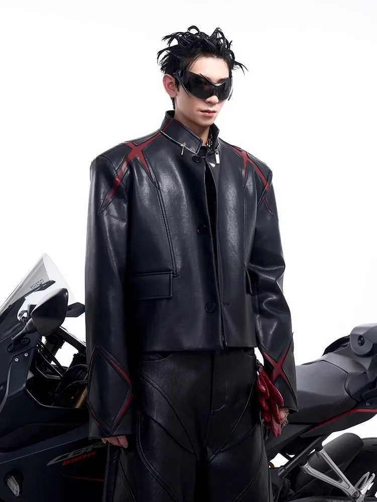 Mauroicardi Spring Autumn Cool Short Patchwork Pu Leather Jacket Men Single Breasted Luxury Designer European Style Clothes 2025 J251014