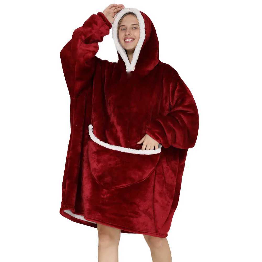 160180cm Wine Red Women Oversized Blanket Hoodie with Sleeves Wearable Winter Men Casual Sweatshirt Fleece Sleepwear Warm Tops Y251013