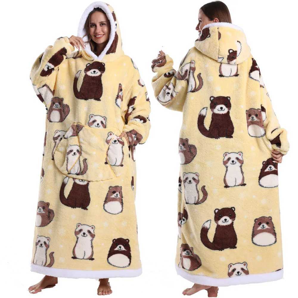 Long Oversized Blanket Hoodis Women Men Coldproof Homwear Loose Pullover Cartoon Plush Fleece Sweatshirts Wearable Blankets Y251013