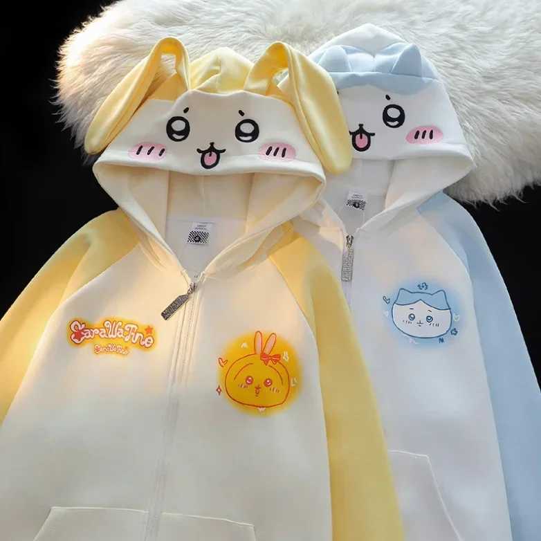 Chiikawa Animated Cartoon Cute Usagi Hachiware Rabbit Ears Hooded Sweatshirt Spring and Autumn Style New Loose Top Coat Girl Y251013