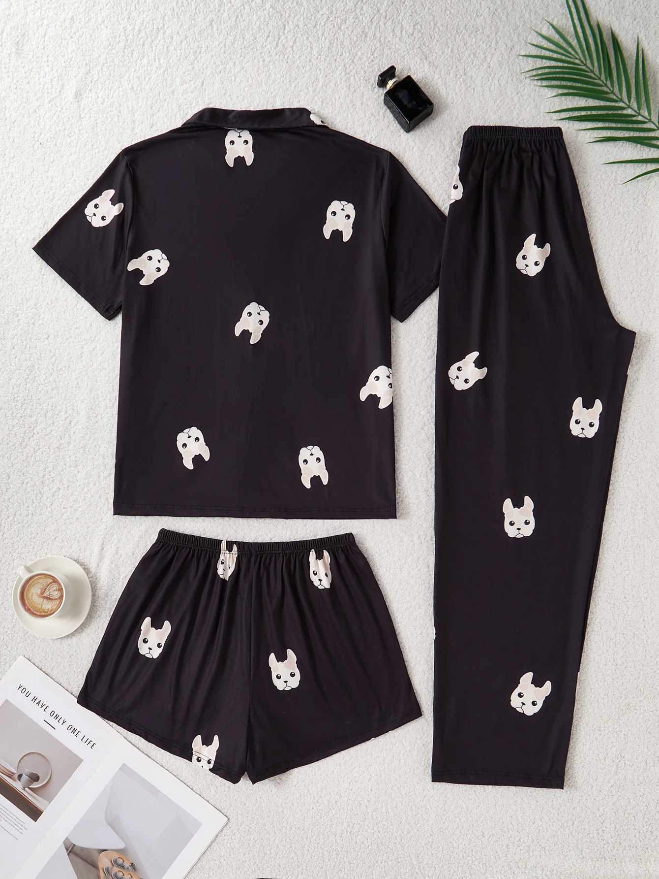 A new style of cute French Bulldog cartoon dog print pajama set shortsleeved shirt long pants and short pants threepiece caT251014