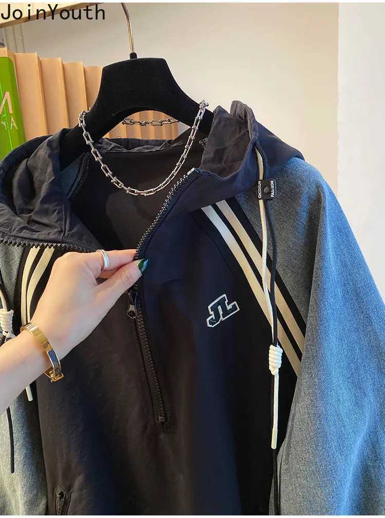 Oversized Sweatshirts for Women Patchwork Denim Streetwear Y2k Tops 2025 Ropa Mujer Hooded Contrast Color Vintage Hoodies 27u340 J251014