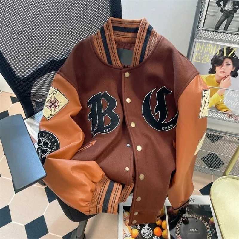American New Retro Letter Flocking Splicing Jacket Female Y2K High Street Fashion Hiphop Loose Tooling Baseball Uniform Jacket J251014