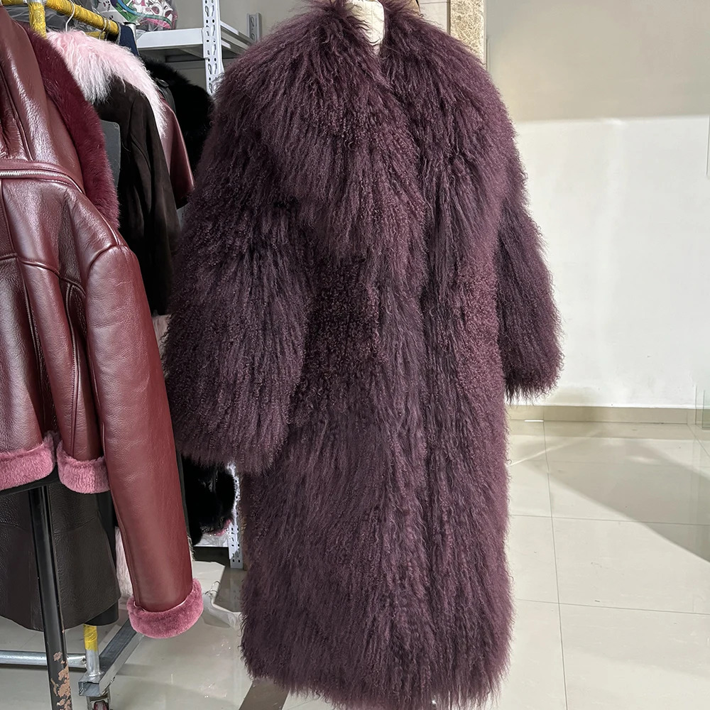 YOLOAgain 2025 Winter Warm TurnDown Collar Mongolia Sheep Fur Jacket Long Women Plus Size 6XL Outerwear 251014