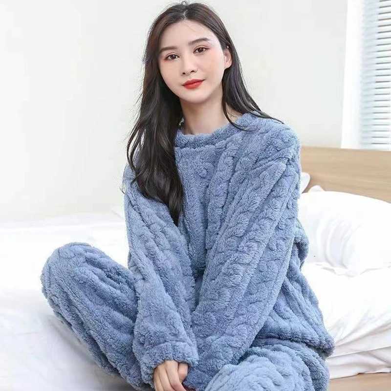 Autumn Women Solid Warm 2 Piece Sets Thicken Velvet Ribbed Fleece Set Pullover And Pants Women Casual Pajama Sets 2023T251014