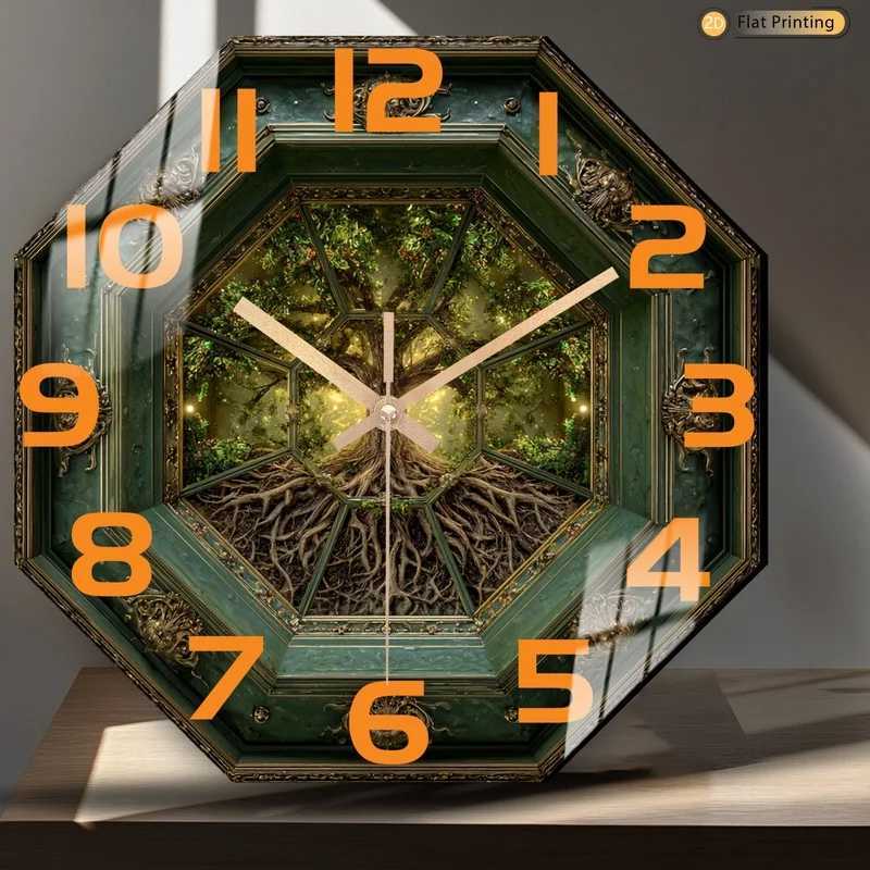 1pc Unique Tree of Life Green Frame Octagonal Wall Clock for Living Room and Office Ideal Christmas and New Year Gifts C251015