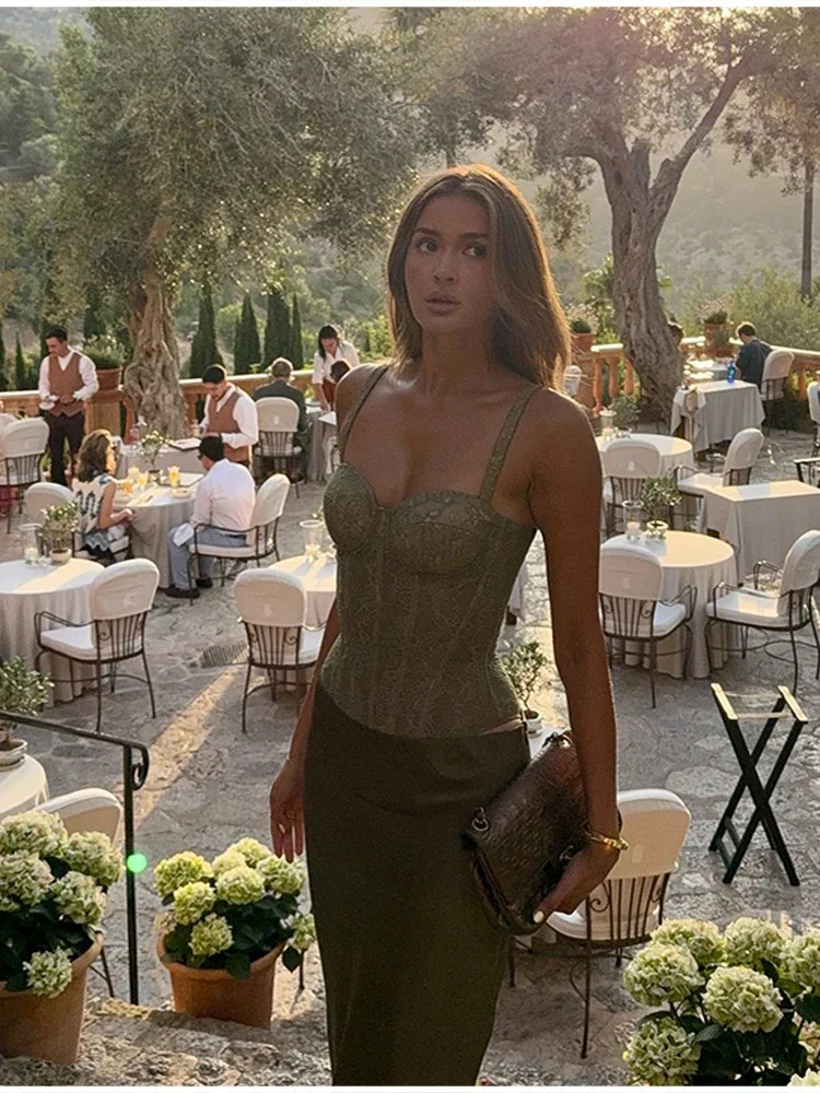 Women Summer Party Halter Top Dress Sets 2 Pieces Lace High Waist Lace Up Spaghetti Strap Tank Satin Zipper Party Skirt Outfits251014