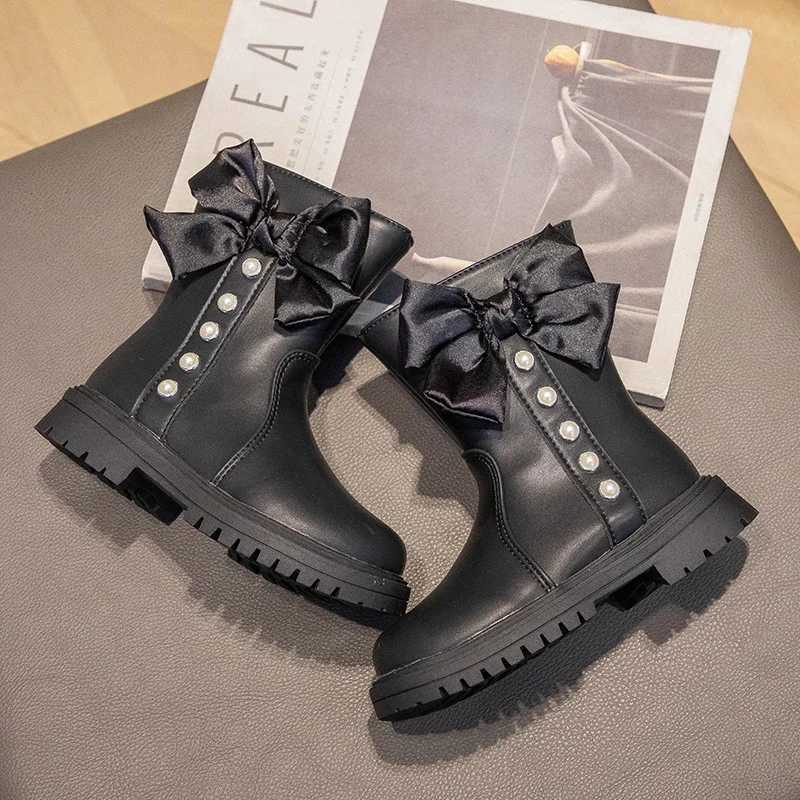 2023 New Girls Boots Pearls Bow Simple Nonslip Children Ankle Boots Beige Black Elegant Chic Princess Kids Shoes Fashion FlatsT251015