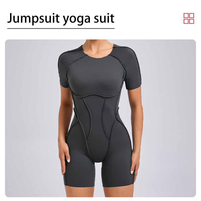 Women's Activewear--Cutout Back Slim Yoga Jumpsuit, Short-Sleeve Short Yoga Onesie, Fashion Fitness Yoga Outfit