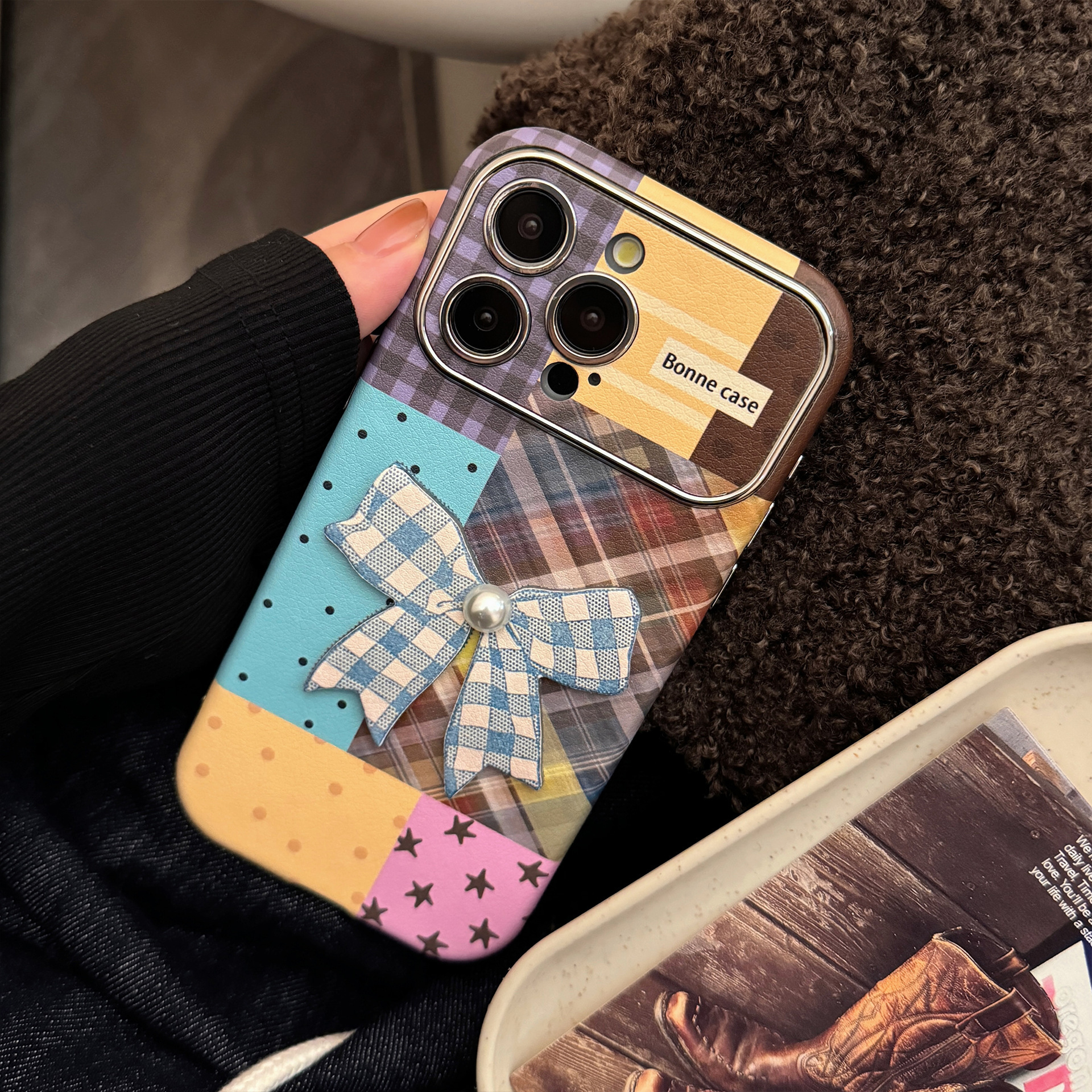 Compatible with iPhone 16 Apple Phone Case 17 Pro Max Colorful Plaid Stitching 15 3D Bow 13 Leather