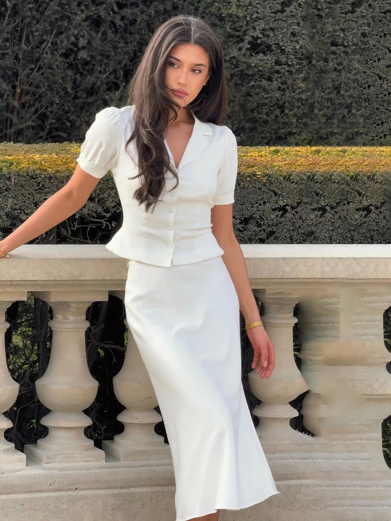 White Twopiece Ladies Set Elegant Mermaid Skirt and Puff Sleeve Lapel Top Commute Office Lady Outfits Women Fashion Suits 251011
