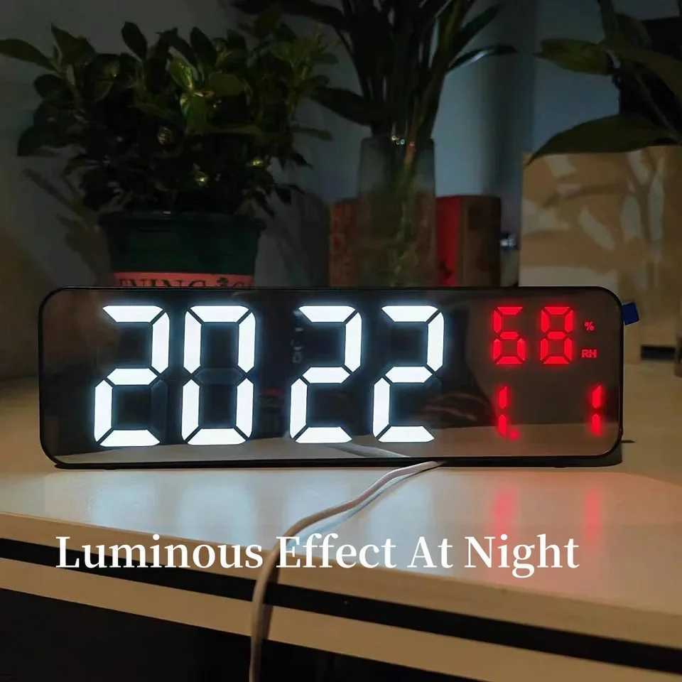 USB Powered 9 Inch Large Digital Wall Clock Temperature Humidity Display Night Mode Snooze Table Clock 1224H LED Alarm Clock C251015