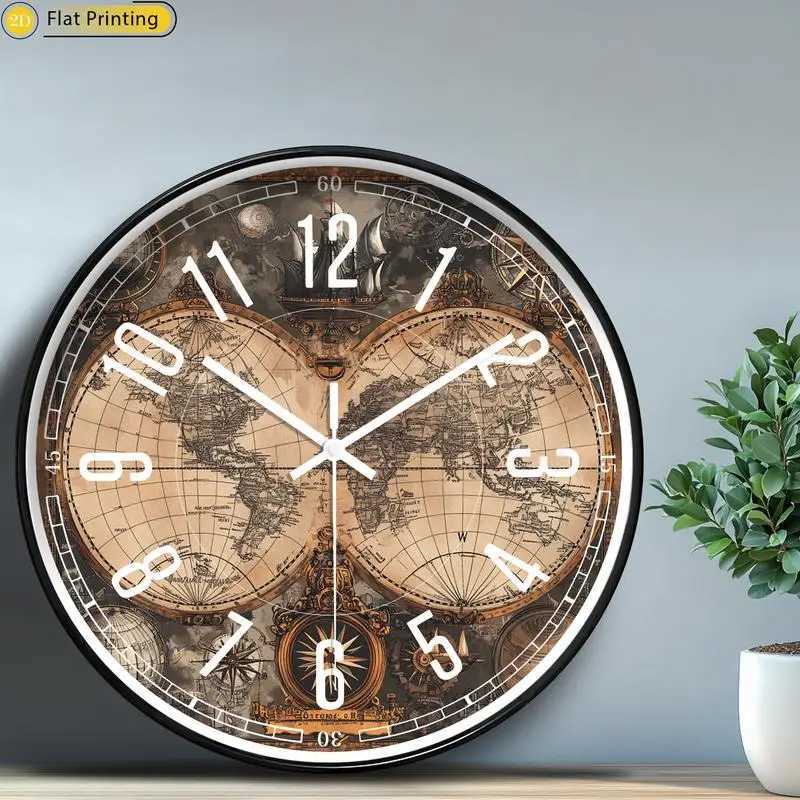 Wooden Silent Wall Clock Vintage world map compasses Quartz Round Analog Clock for Home Office Idea Holiday Gifts C251015