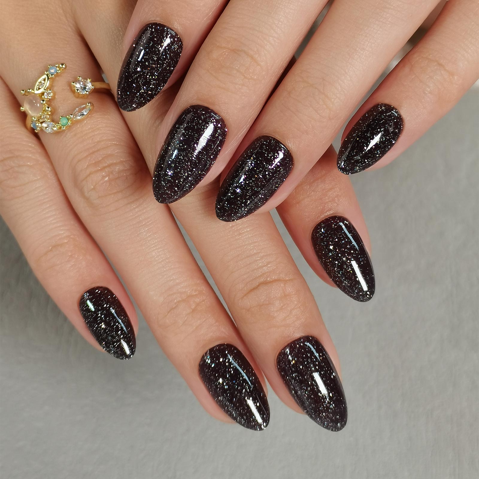 Glitter Black Press On Nails Almond with Sparkling Diamond - Soft Gel Fake Nails Short with Glue, Glossy Glue On Nails for Women Gift in 16 Sizes - 32