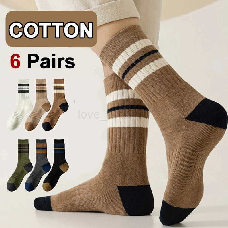 6 Pairs Men Autumn Winter Cotton Mid Tube Socks Fashionable Sports Striped Anti Odor Sweat Absorbing Comfortable Casual Socks T251015