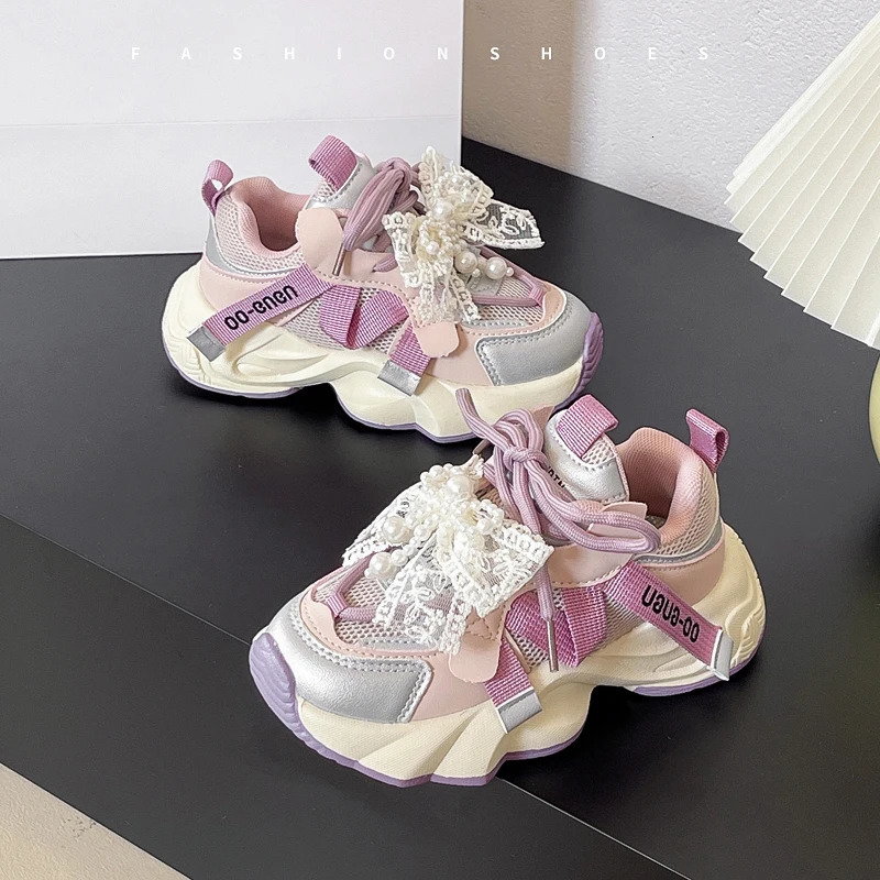 Girls Sneakers 318 Years Old Pink Lace Bow Childrens Running Four Seasons Purple Lightweight Nonslip Kids Casual Shoes H260130