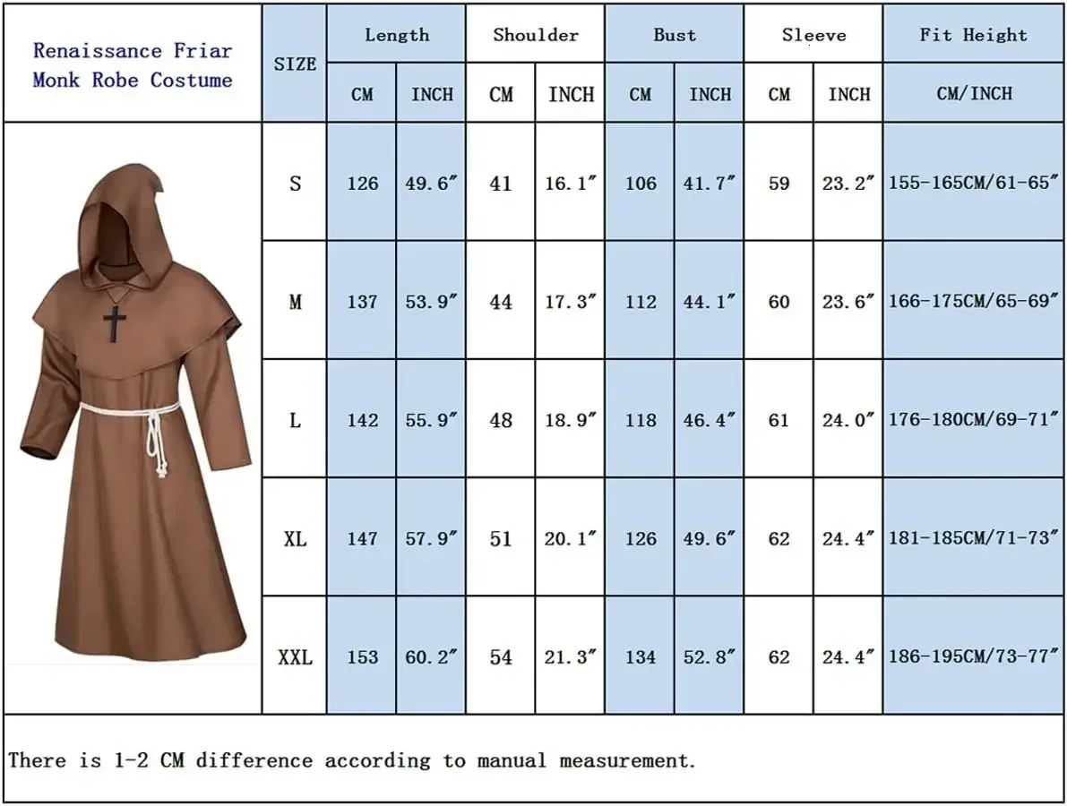 Medieval Monk Hood Cloak Sorcerer Priest Costumes Halloween Robe Wizard Knight Cape Adult Teens Outfit Party Props Set251014 - view 7