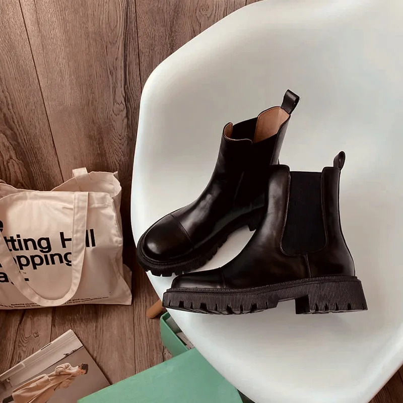 BeauToday Ankle Boots Platform Women Cow Leather Chelsea Boots Round Toe Elastic Band Thick Sole Ladies Shoes Handmade 02379 251023