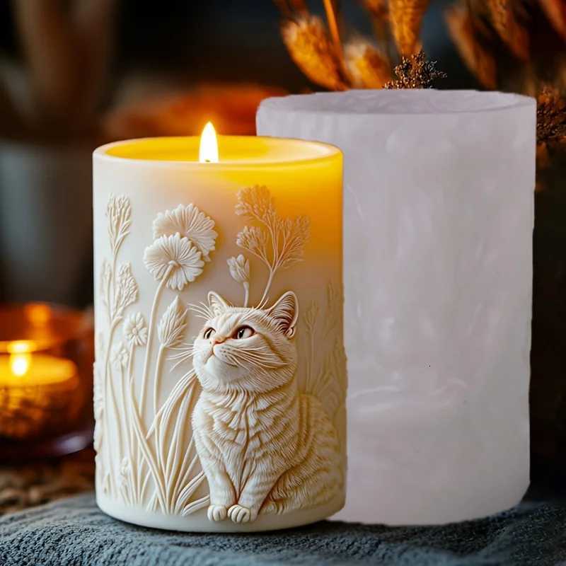 Cute Cat Cylinder Candle Silicone Mold Pet Cat Flower Plant Cylinder Resin Mould Cats Cylinder Gypsum Molds C251015