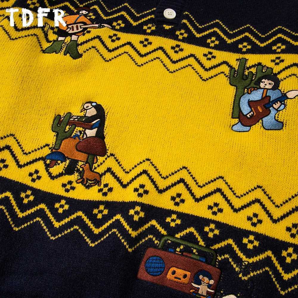 Cartoon Embroidery Contrast Sweater Mens Autumn Winter Retro Casual Lapel Drop Shoulder Long Sleeve Loose Knitted Pullover Man J251015