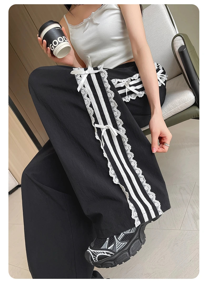 Black Trousers Elastic Waist Lace White Edge Strip End Foot Sweatpants Sports Pants Women sweet girls loose casual Z260314