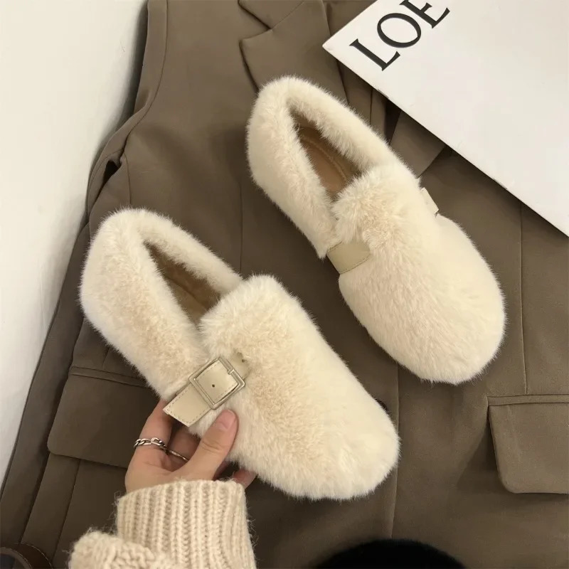 Fur Flats Women Loafers Shoes Winter Short Plush Warm Cotton Shoes Comfortable Trend Walking Shoes Casual Femme Zapatos 251013