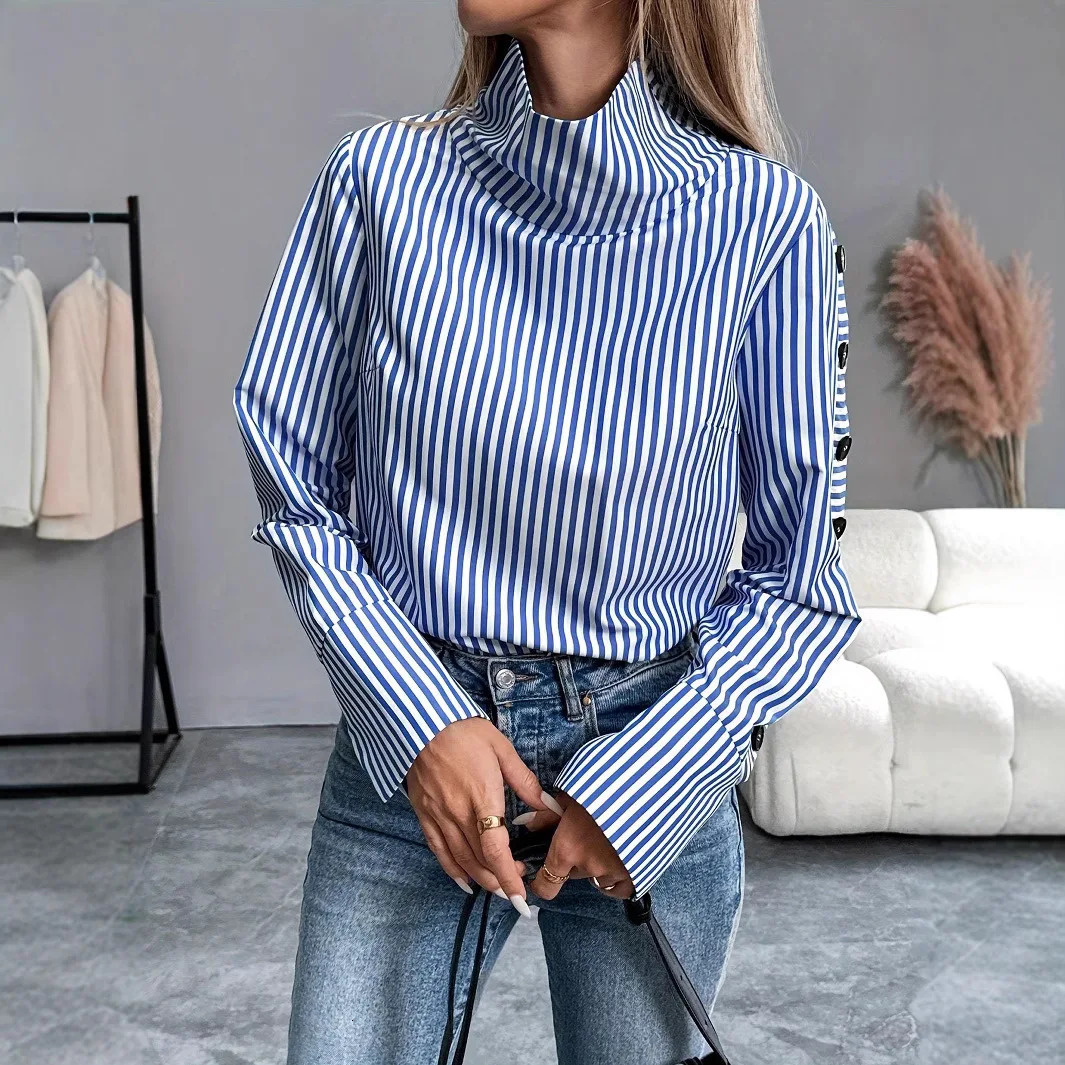 Spring Shirt Stripe Long Sleeved Top For Women Elegant Office Lady Spliced buttons Pullover Woman Blouse 2025 Blusas 251008