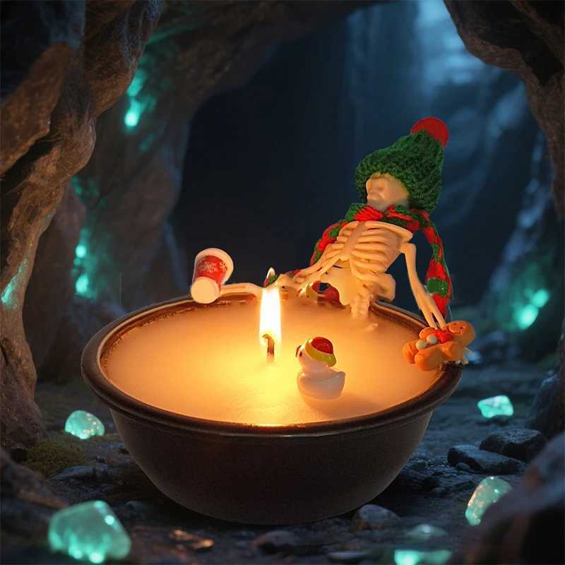 1x Halloween Skeleton Candle Decorations Ornament Gothic Cauldron Milk Basin Bathing Skull Candle With Hat Scarf Home Decor Gift C251015