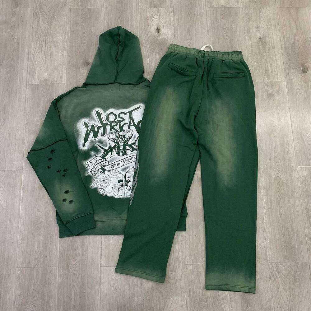 High Street Washed Lost Rhineston Shinning Autumn Mens Hooded Hoodies Vintage Casual Pullover Loose Cotton Sweatshirts Oversized