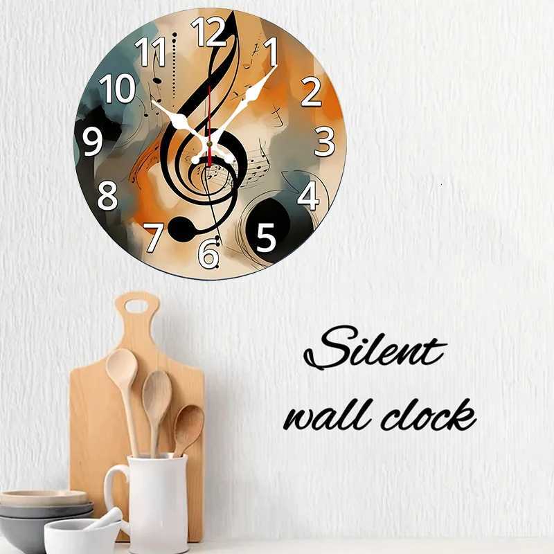 Musical Note Pattern Wooden Round Silent Hanging Wall Clock Suitable For Living RoomOfficeStudy Room BedroomHome Decoration C251015