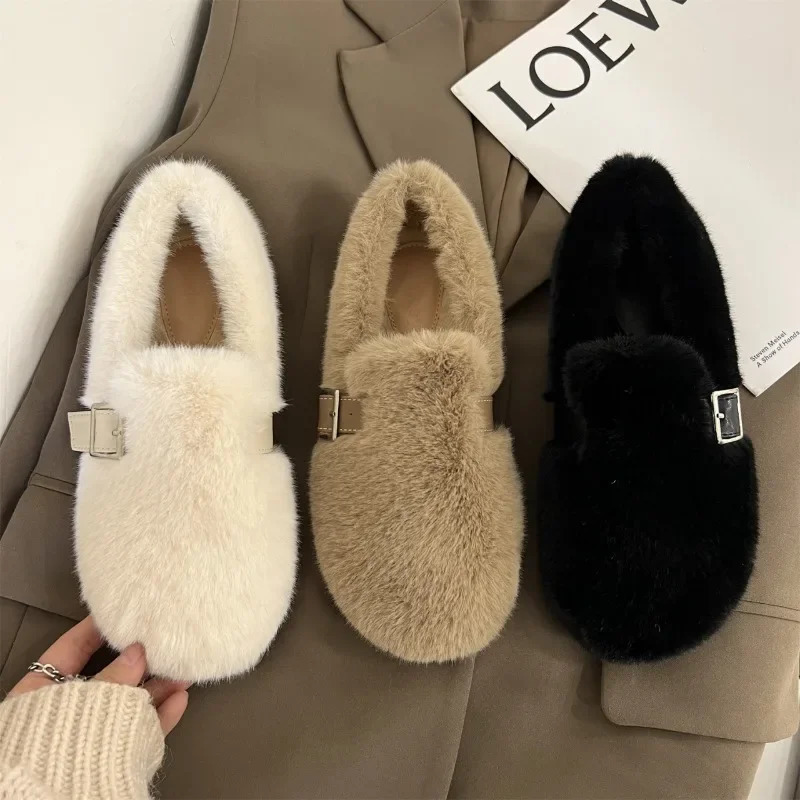 Fur Flats Women Loafers Shoes Winter Short Plush Warm Cotton Shoes Comfortable Trend Walking Shoes Casual Femme Zapatos 251013