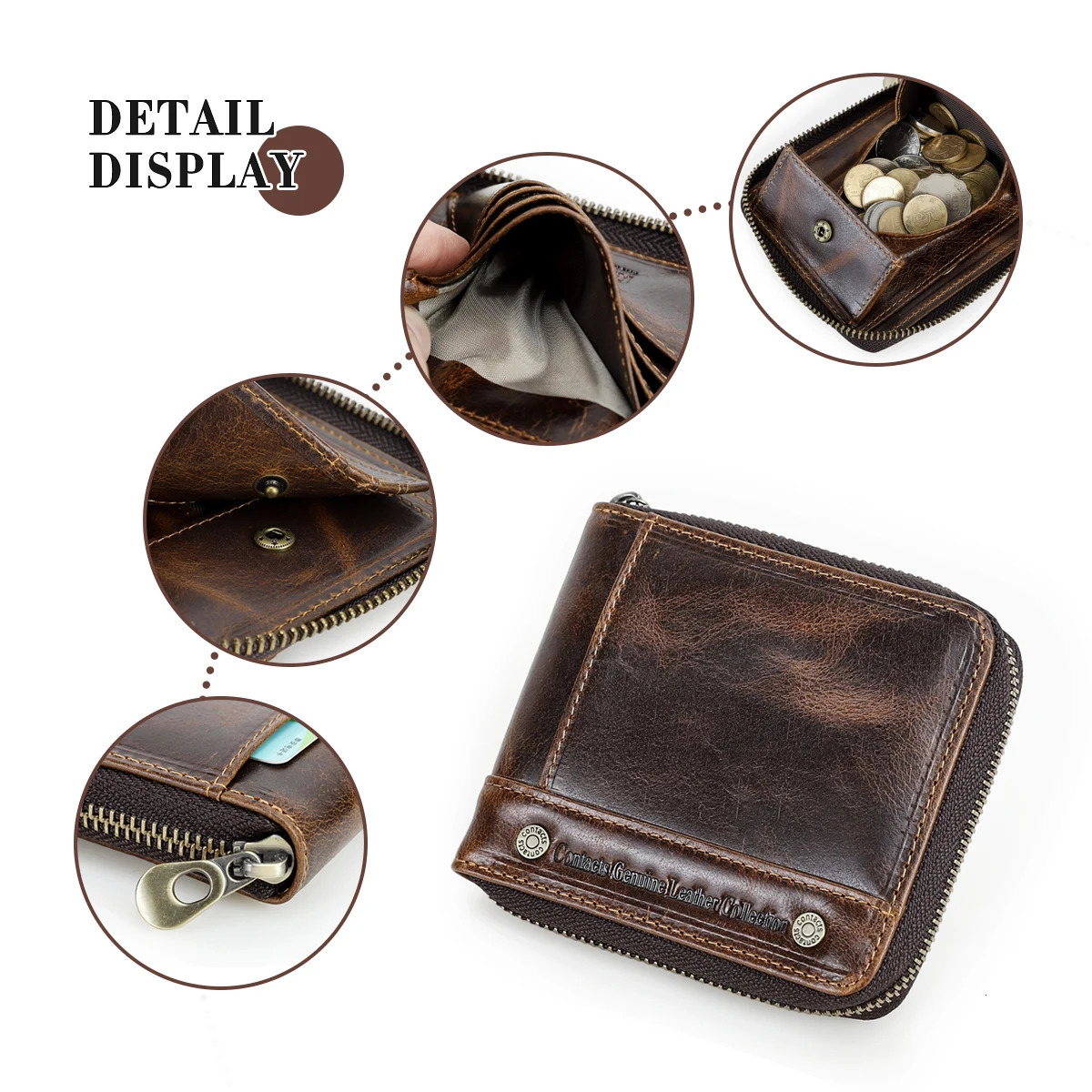 CONTACTS Genuine Leather Short Wallets for Men y ner Zipper Card Holder Coin Purse Money Clip Male Pocket Mini Wallet 251014