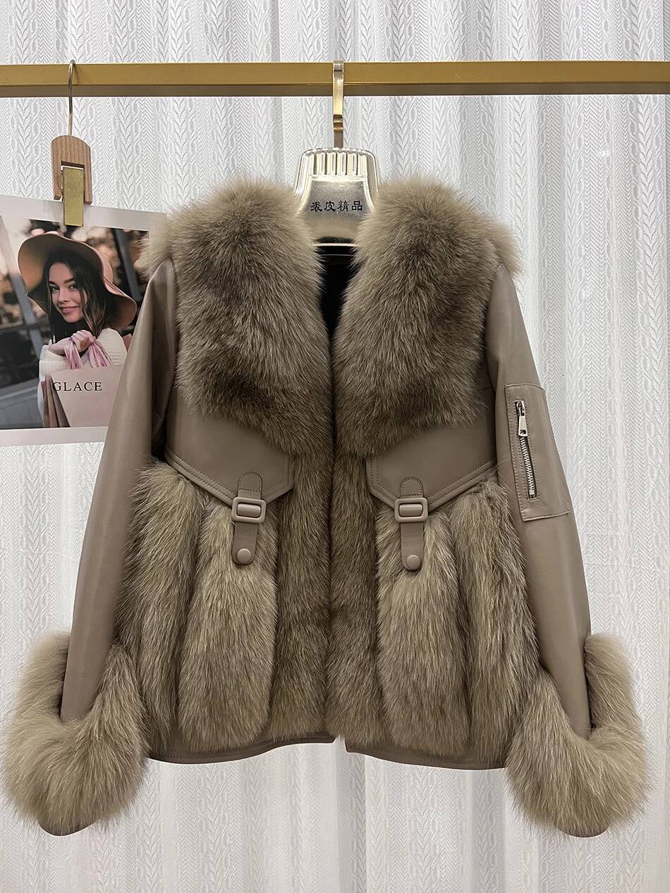 2024 Women's Natural Fox Fur Coat Goose Down Real Genuine Sheepskin Leather Jacket Warm Female Coats