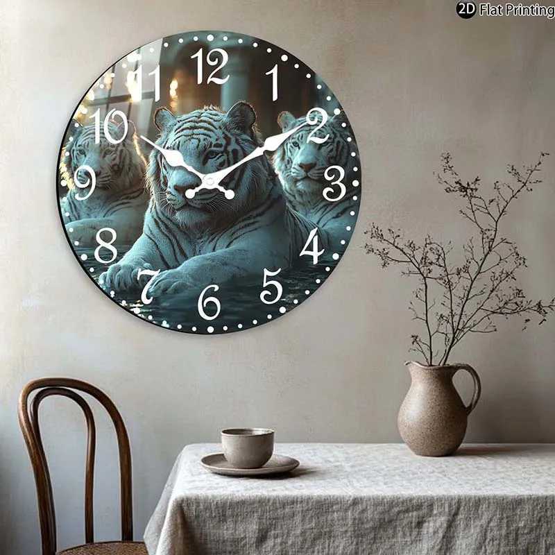 Wooden Silent Wall Clock White tiger family water Quartz Analog Clock KitchenHome Idea Christmas Halloween C251015