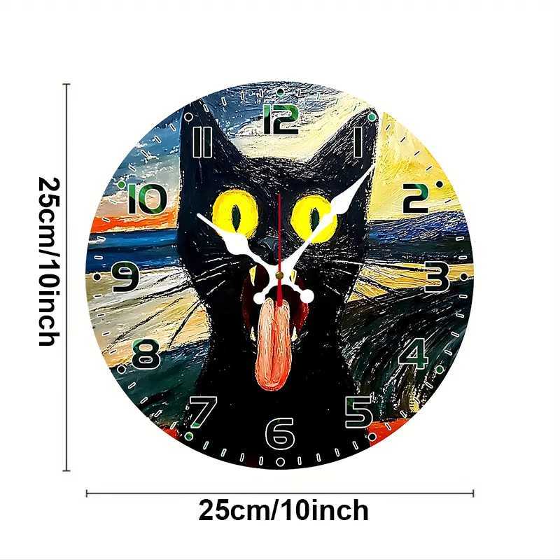 Black Cat Meme Wooden Round Silent Hanging Wall Clock Suitable For Living Room Office Study Room Bedroom Home Decoration C251015