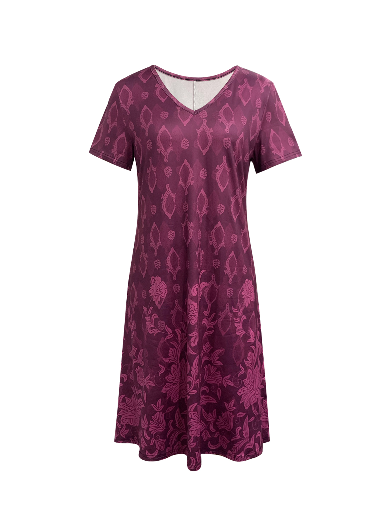 V-neck Casual Office Maxi Dress Made of Soft Milk Silk Fabric - Featuring Distinctive Print & Perfect Fit for Plus Sizes-CF50686