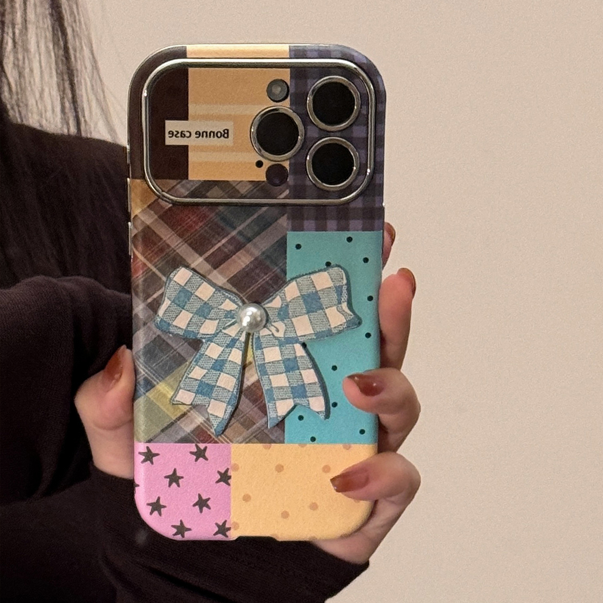 Compatible with iPhone 16 Apple Phone Case 17 Pro Max Colorful Plaid Stitching 15 3D Bow 13 Leather