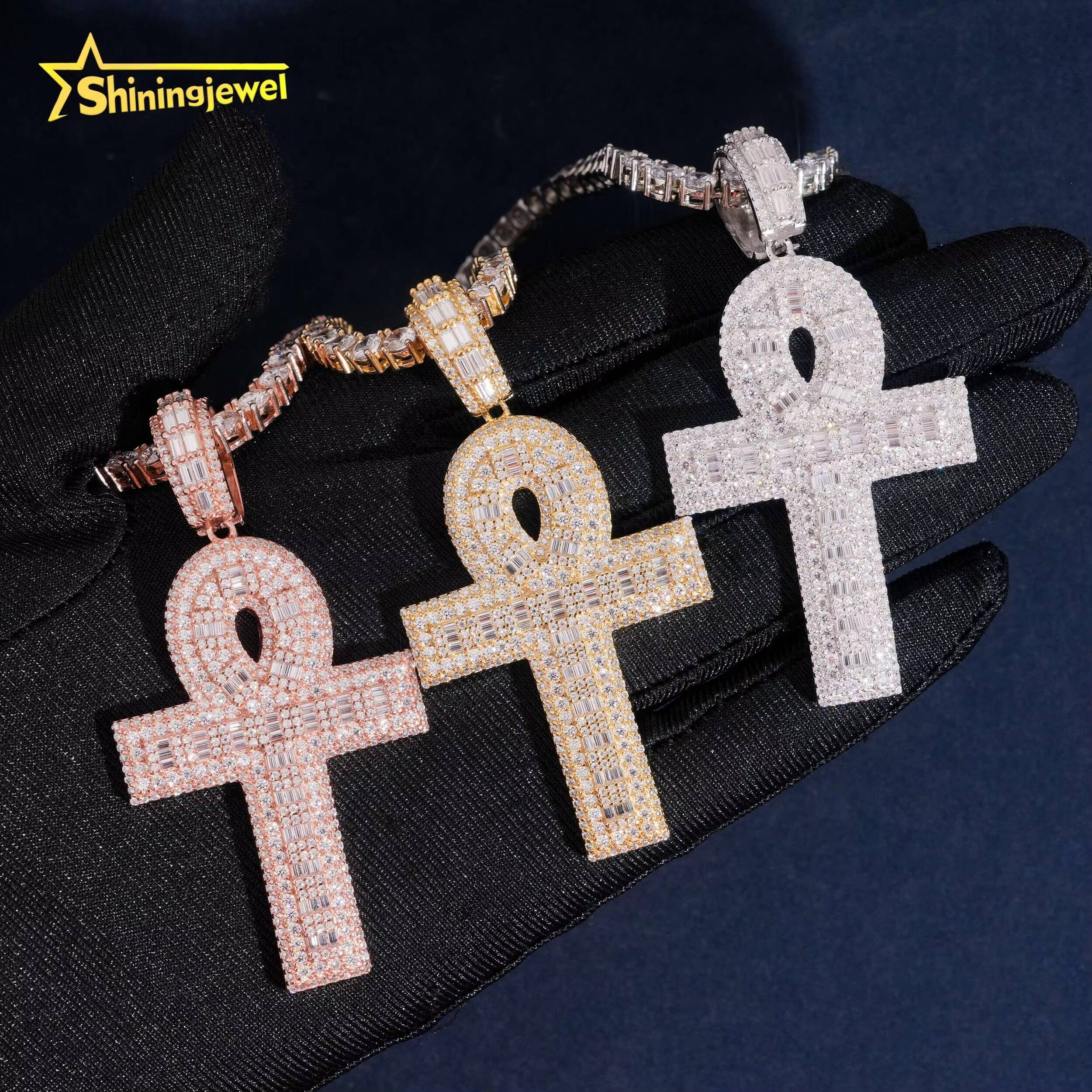Hip Hop Iced Out 925 Sterling Silver Gold Plated Charm Pendant Pass Diamond Test Baguette Moissanite Cross Pendant
