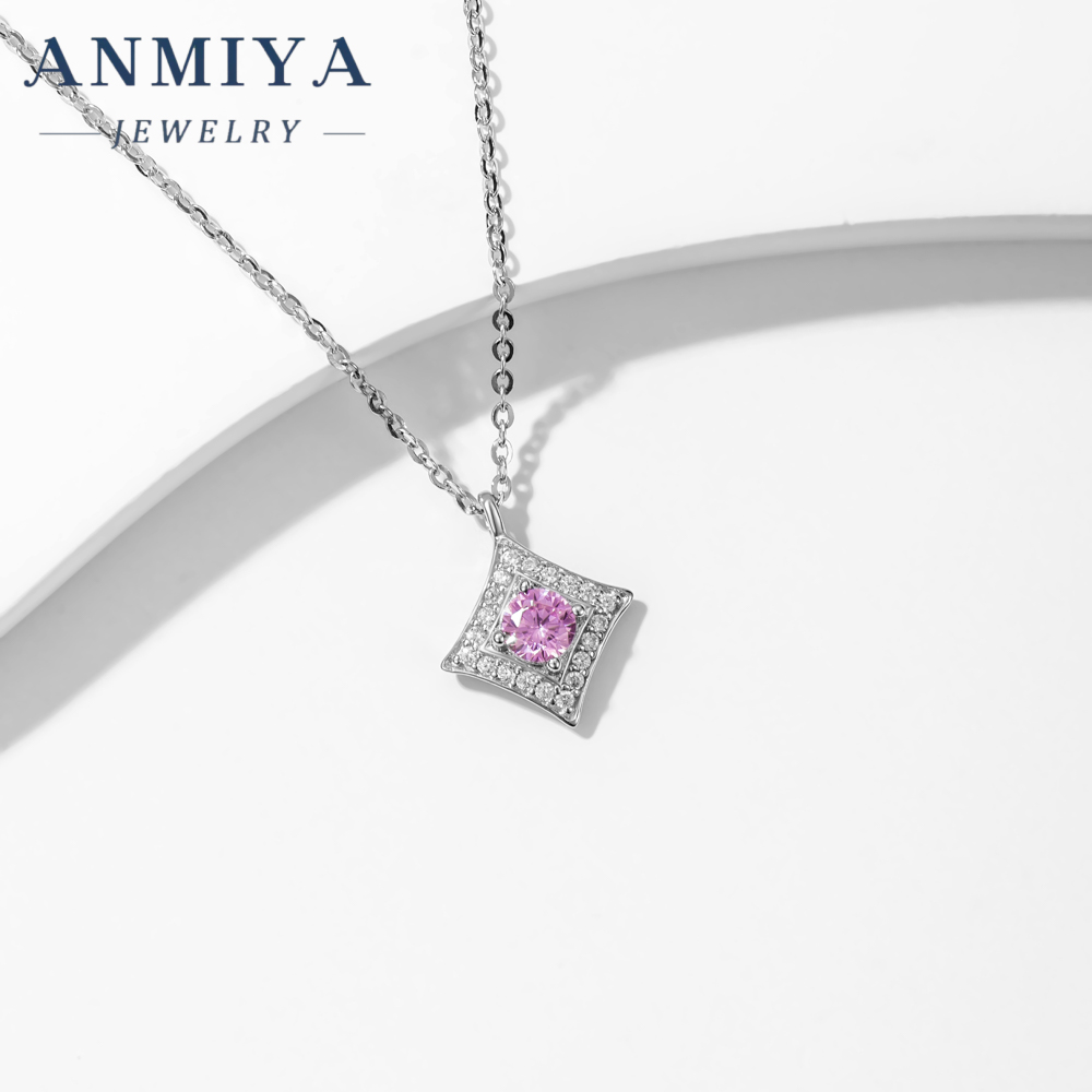 New Arrival Round Brilliant Cut Ice Cubic Zirconia 925 Sterling Silver Pendant Trendy Pink Necklace for Anniversary