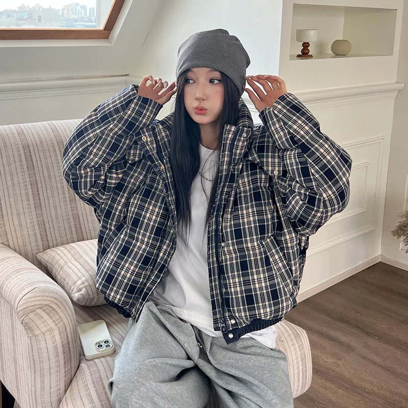 Autumn Winter Thick Warm Puffer Jacket Women Fashion Hooded Long Sleeve Short Parkas Print Plaid Down Cotton Padded Coat Female 251011