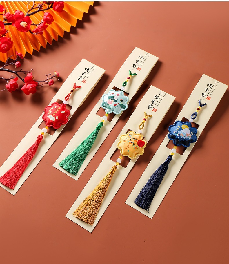 Travel-Sized Aromatic Lotus Charms: Set of 2 Embroidered Fabric Bags with Floral Design