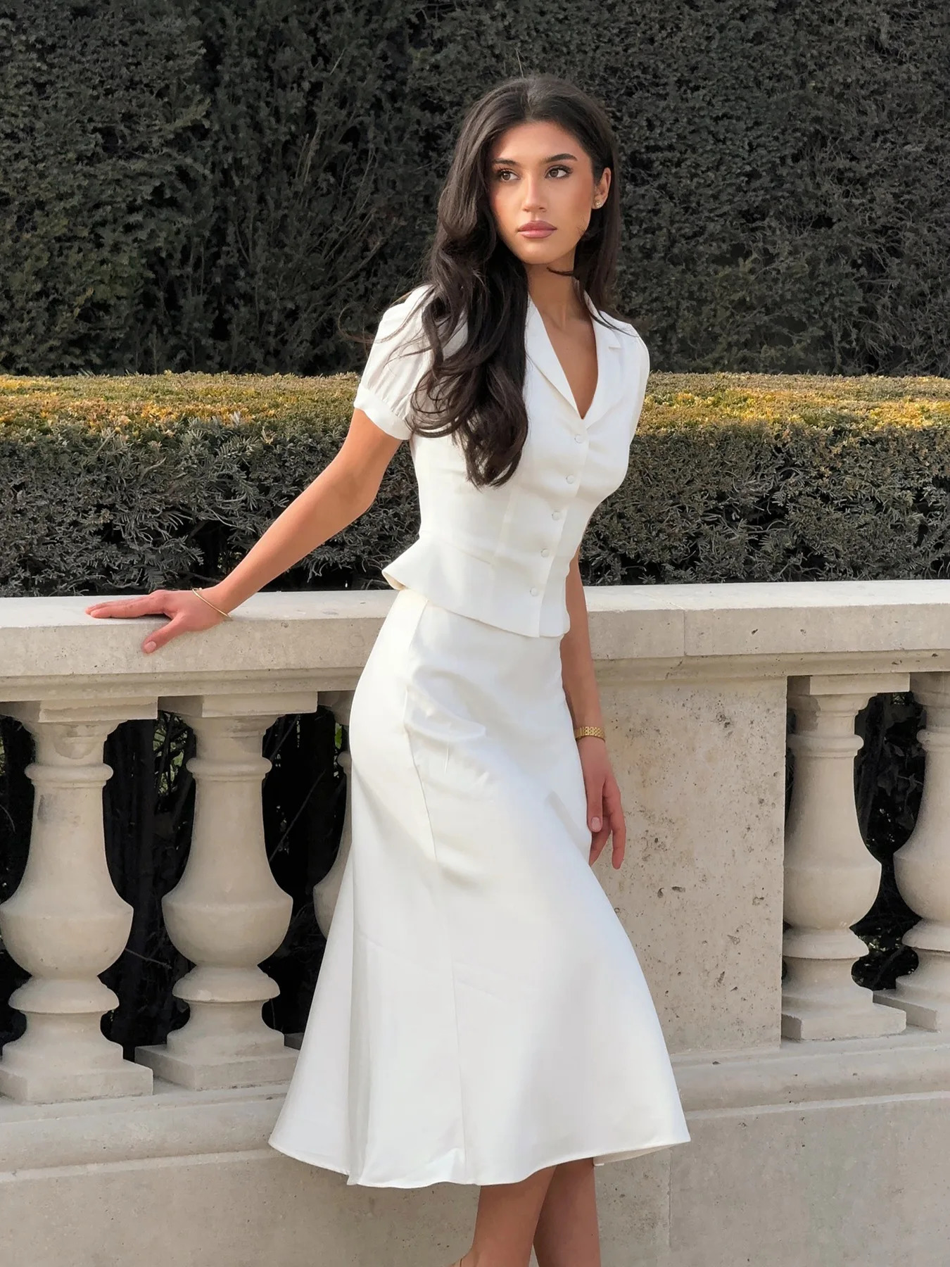 White Twopiece Ladies Set Elegant Mermaid Skirt and Puff Sleeve Lapel Top Commute Office Lady Outfits Women Fashion Suits 251011
