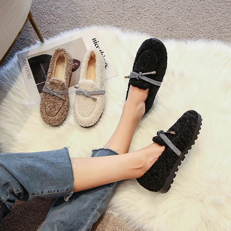 Curly Fur Shoes Woman Glitter Bowtie Cotton Flats Lambswool Loafers Ladies Winter Footwear Cashmere Plush Shoes Comfy Moccasins 251013