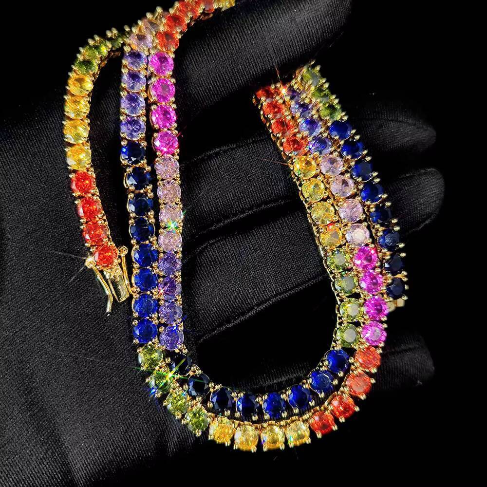 Hip Hop Jewelry 5mm Iced Out Tennis Chain 18K Gold Plated Coloured Moissanite Rainbow Tennis Necklace Designer
