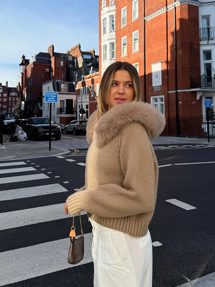 Chic Fur Collar Cropped Jacket Coat Hooded Knitted Sweater Women Casual Solid Autumn Zipup Outerwear High Street Outfit 251010