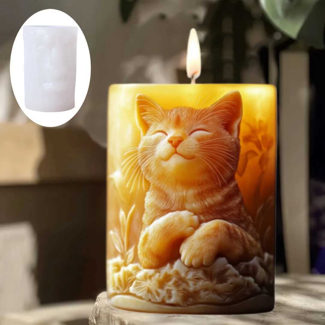 Cute Cat Cylinder Candle Silicone Mold Pet Cat Flower Plant Cylinder Resin Mould Cats Cylinder Gypsum Molds C251015