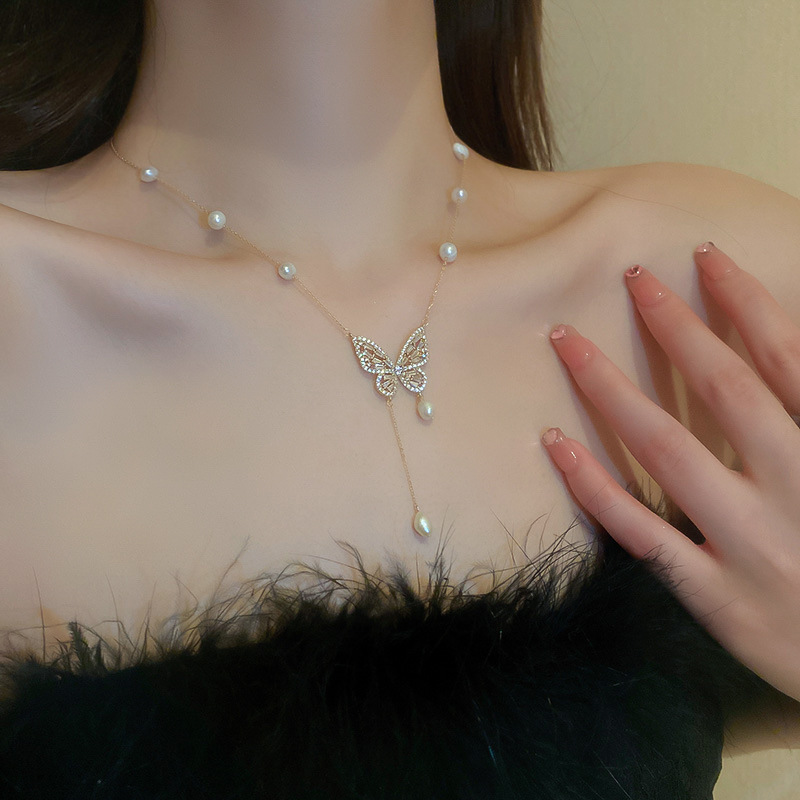Real Gold Plated Freshwater Pearl Micro Inlaid Zircon Butterfly Tassel Necklace Design Sense Collarbone Chain Elegant Ins Style Jewelry - view 4