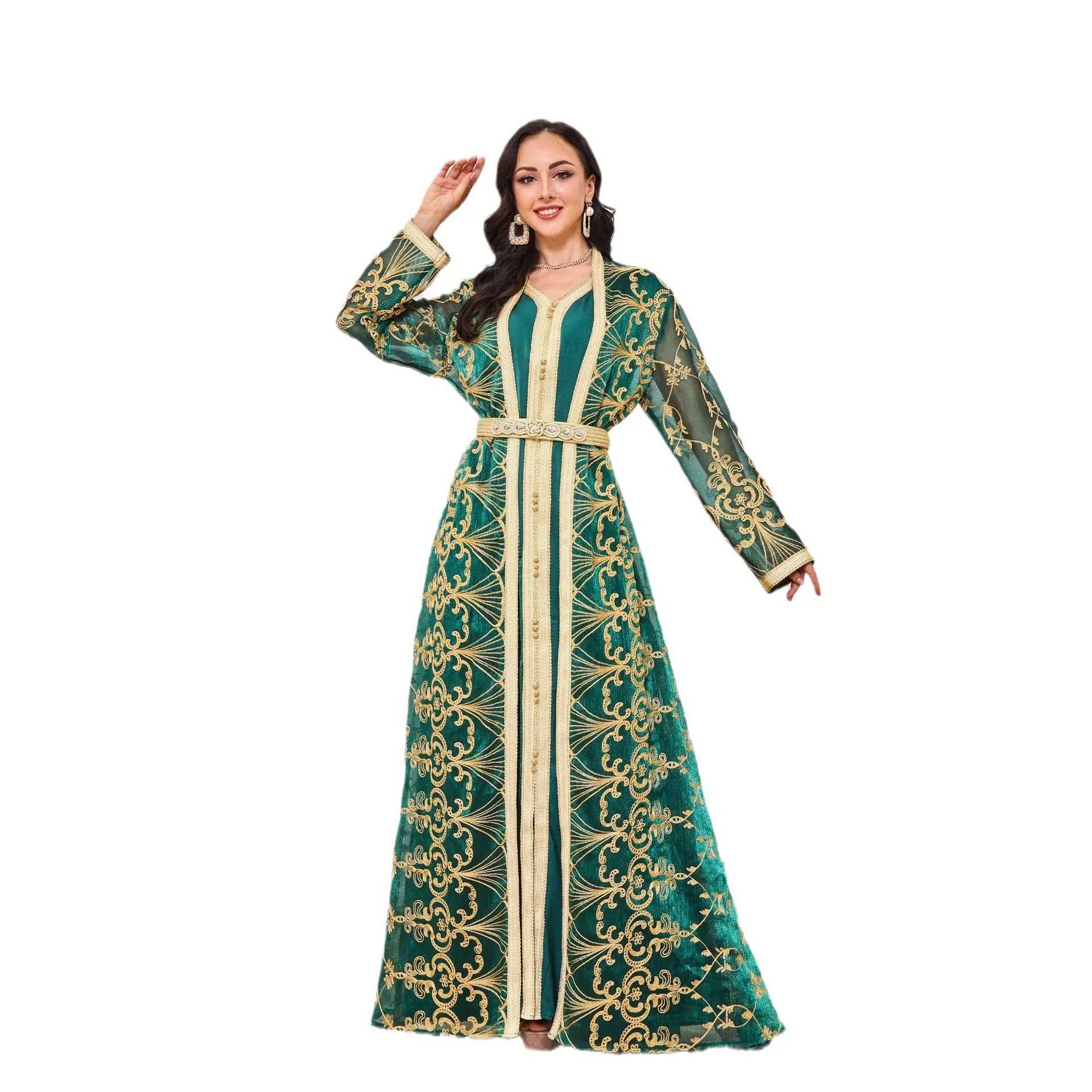 Dresses 2 Piece Set Muslim Women Moroccan Kaftan Embroidery Jalabiya Ramadan Dubai Open Abayas Islam Vestidos Arab Cardigan Robe L251015