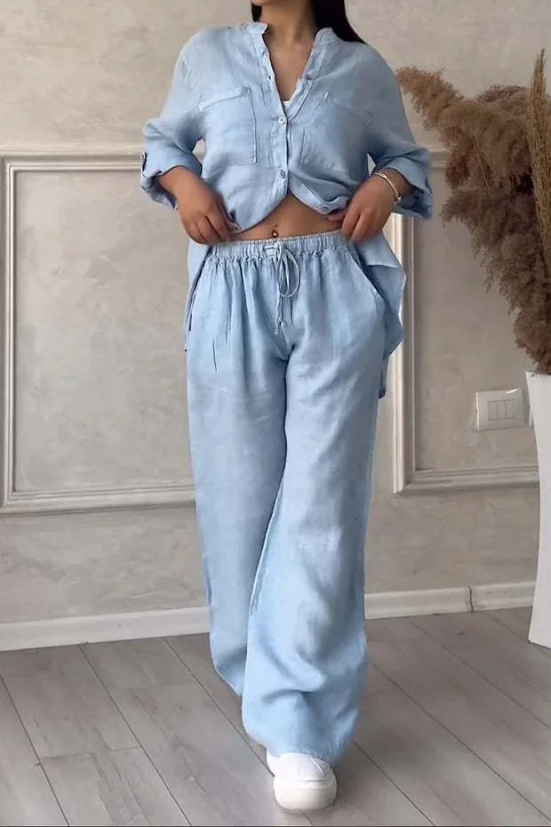 Spring Autumn Cotton Linen Long Sleeved shirt Long Pants Twopiece Set Women Casual Vneck Shirt Drawstring Wide leg Pant Suit 251028