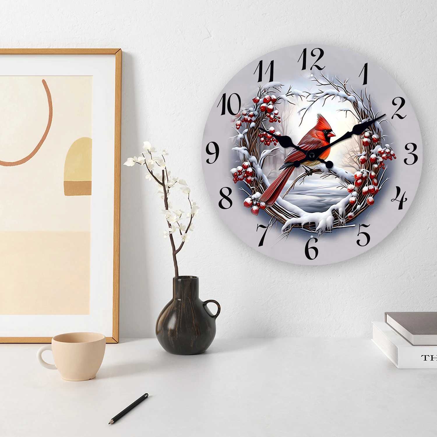 1pc Wooden wall clock Watercolor Winter Cardinals design wall clock silent clock Living Room Bedroom Room Decor Home Decor C251015